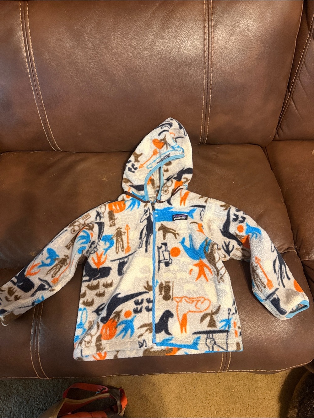 Patagonia Kids Hooded Fleece Vest in White, Blue, Orange, Brown